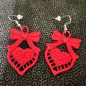 Embroidered Freestanding Lace Red Heart Bow Earrings